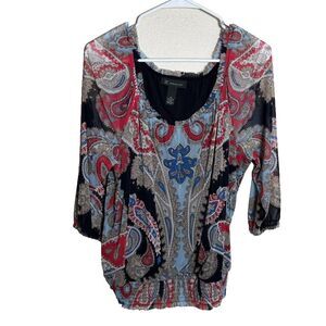 INC International Concepts Blouse Women's XL Round Neck 3/4 Sleeve Mesh Top